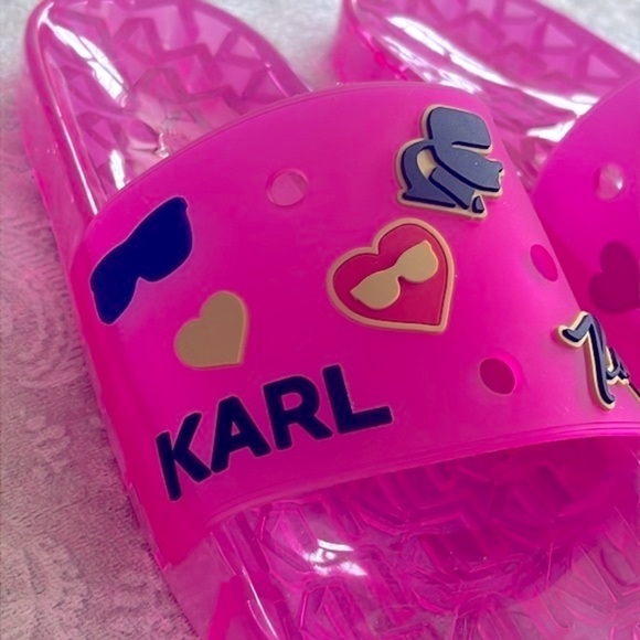 Brand New Karl Lagerfeld Paris Thea Jelly Pool Slides Embellished Pink Sandals - Picture 10 of 16
